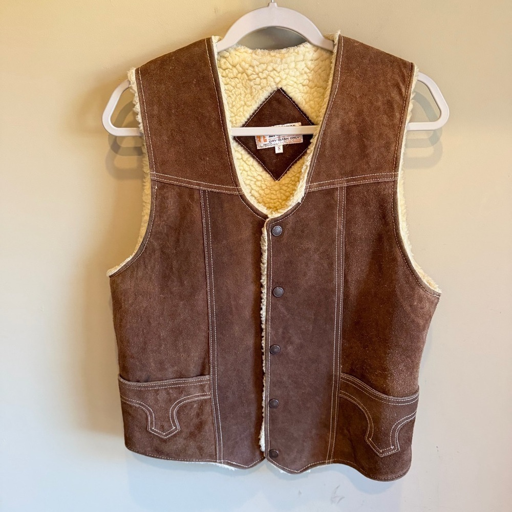 Zamher Brown Leather Sherpa Vest Western Cowboy Suede Rustic Prairie Vest